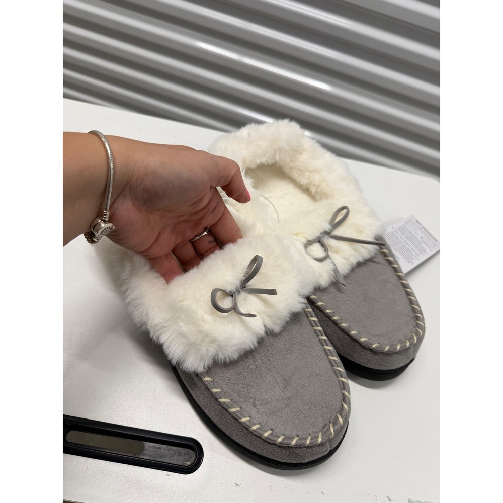 RockDove Womens Grey Faux Suede Moccasin Slippers Faux Fur Trim XL 11-12